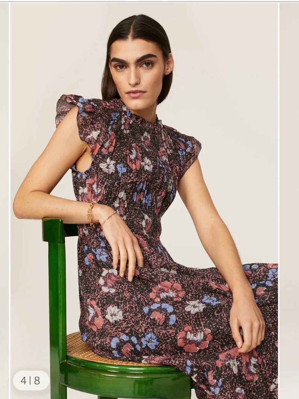 Cleobella Floral Smocked Midi Dress in dark brown, coral, blue- M